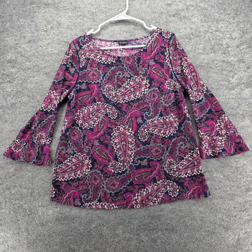 Talbots Shirt Womens Medium Pink Navy Paisley 3/4 Bell Sleeve Boat Neck Blouse